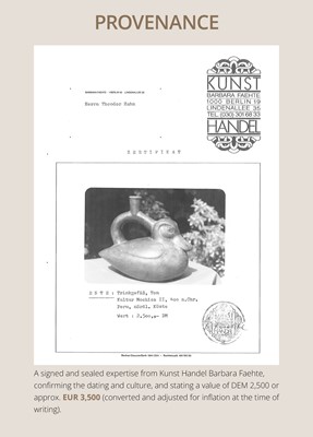 Lot 129 - A CERAMIC STIRRUP-SPOUT VESSEL IN THE FORM OF A DUCK, MOCHE CULTURE