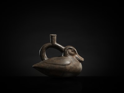 Lot 129 - A CERAMIC STIRRUP-SPOUT VESSEL IN THE FORM OF A DUCK, MOCHE CULTURE