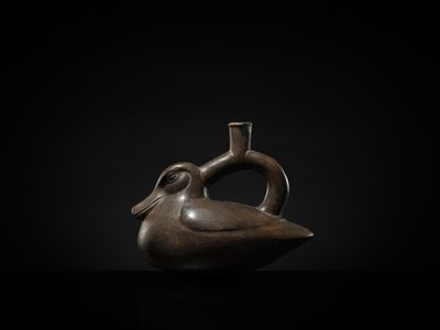 Lot 129 - A CERAMIC STIRRUP-SPOUT VESSEL IN THE FORM OF A DUCK, MOCHE CULTURE