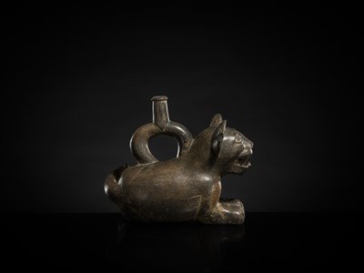 Lot 128 - A CERAMIC STIRRUP-SPOUT VESSEL IN THE FORM OF A TIGRILLO WILD CAT, MOCHE CULTURE