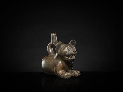 Lot 128 - A CERAMIC STIRRUP-SPOUT VESSEL IN THE FORM OF A TIGRILLO WILD CAT, MOCHE CULTURE
