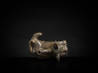 Lot 128 - A CERAMIC STIRRUP-SPOUT VESSEL IN THE FORM OF A TIGRILLO WILD CAT, MOCHE CULTURE