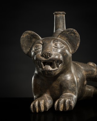 Lot 128 - A CERAMIC STIRRUP-SPOUT VESSEL IN THE FORM OF A TIGRILLO WILD CAT, MOCHE CULTURE