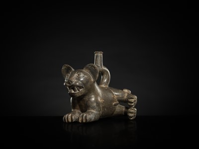 Lot 128 - A CERAMIC STIRRUP-SPOUT VESSEL IN THE FORM OF A TIGRILLO WILD CAT, MOCHE CULTURE