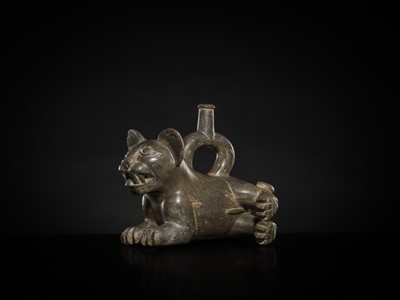 Lot 128 - A CERAMIC STIRRUP-SPOUT VESSEL IN THE FORM OF A TIGRILLO WILD CAT, MOCHE CULTURE