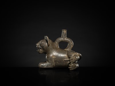 Lot 128 - A CERAMIC STIRRUP-SPOUT VESSEL IN THE FORM OF A TIGRILLO WILD CAT, MOCHE CULTURE