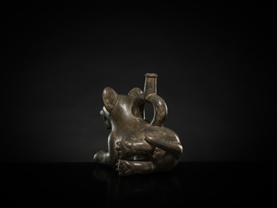 Lot 128 - A CERAMIC STIRRUP-SPOUT VESSEL IN THE FORM OF A TIGRILLO WILD CAT, MOCHE CULTURE