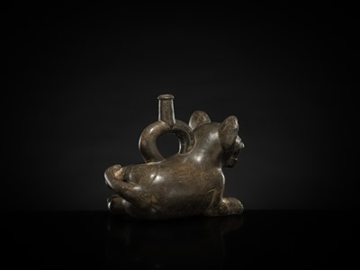 Lot 128 - A CERAMIC STIRRUP-SPOUT VESSEL IN THE FORM OF A TIGRILLO WILD CAT, MOCHE CULTURE