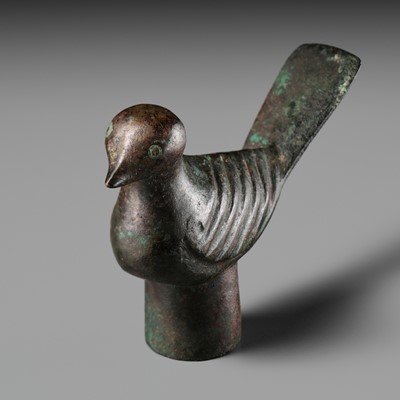 Lot 378 - A RARE BRONZE ‘DOVE’ FINIAL, DINGSHI, HAN DYNASTY