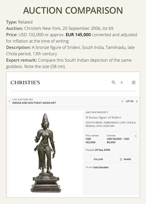 Lot 223 - A RARE AND EXCEPTIONALLY LARGE BRONZE FIGURE OF DEWI SRI, BORNEO, 12TH CENTURY