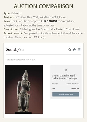 Lot 223 - A RARE AND EXCEPTIONALLY LARGE BRONZE FIGURE OF DEWI SRI, BORNEO, 12TH CENTURY