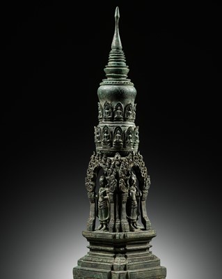 Lot 195 - AN IMPORTANT BRONZE BUDDHIST STUPA, BAYON STYLE, ANGKOR PERIOD