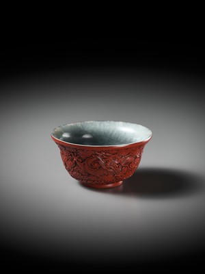 Lot 88 - AN EXCEEDINGLY RARE CINNABAR LACQUER-EMBELLISHED JADE BOWL, QIANLONG PERIOD