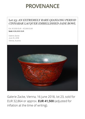 Lot 88 - AN EXCEEDINGLY RARE CINNABAR LACQUER-EMBELLISHED JADE BOWL, QIANLONG PERIOD