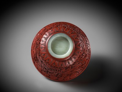 Lot 88 - AN EXCEEDINGLY RARE CINNABAR LACQUER-EMBELLISHED JADE BOWL, QIANLONG PERIOD