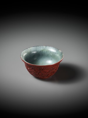 Lot 88 - AN EXCEEDINGLY RARE CINNABAR LACQUER-EMBELLISHED JADE BOWL, QIANLONG PERIOD