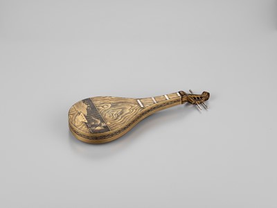 Lot 130 - A LACQUERED AND MOTHER OF PEARL-INLAID KOBAKO IN THE FORM OF A BIWA