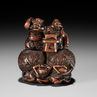 Lot 15 - KAZUNORI: A LARGE WOOD NETSUKE OF DAIKOKU AND EBISU AT SETSUBUN