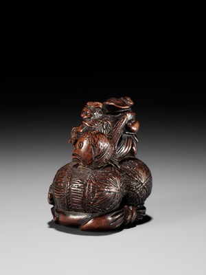 Lot 15 - KAZUNORI: A LARGE WOOD NETSUKE OF DAIKOKU AND EBISU AT SETSUBUN