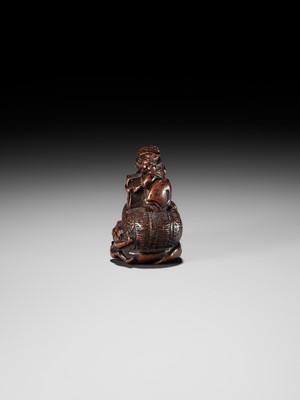 Lot 15 - KAZUNORI: A LARGE WOOD NETSUKE OF DAIKOKU AND EBISU AT SETSUBUN