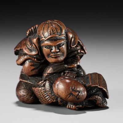 Lot 171 - MASATOSHI: A RARE WOOD NETSUKE OF KUMAGAI NAOZANE AND TAIRA ATSUMORI IN COMBAT