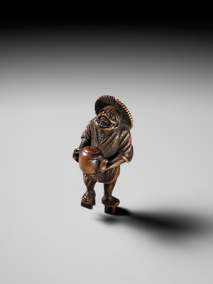 Lot 435 - A FINE WOOD NETSUKE OF THE OIL THIEF ABURA BOZO