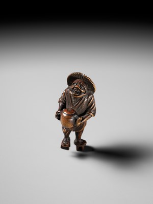 Lot 435 - A FINE WOOD NETSUKE OF THE OIL THIEF ABURA BOZO