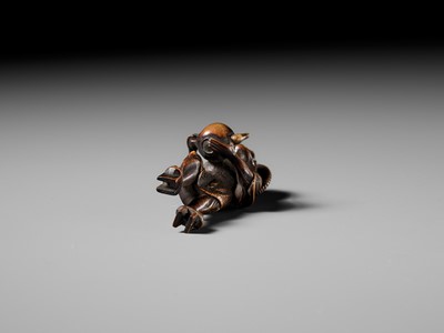 Lot 435 - A FINE WOOD NETSUKE OF THE OIL THIEF ABURA BOZO