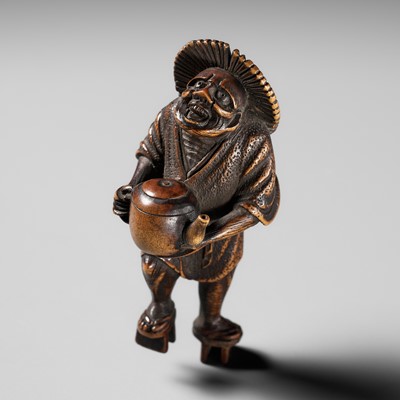 Lot 435 - A FINE WOOD NETSUKE OF THE OIL THIEF ABURA BOZO