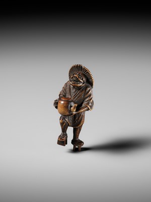 Lot 435 - A FINE WOOD NETSUKE OF THE OIL THIEF ABURA BOZO