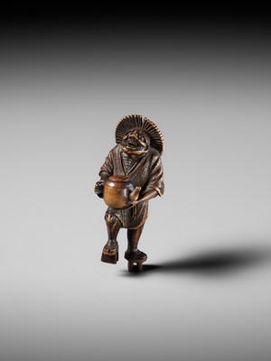 Lot 435 - A FINE WOOD NETSUKE OF THE OIL THIEF ABURA BOZO