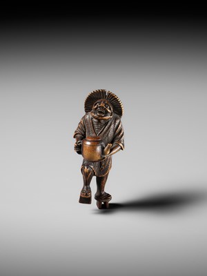 Lot 435 - A FINE WOOD NETSUKE OF THE OIL THIEF ABURA BOZO