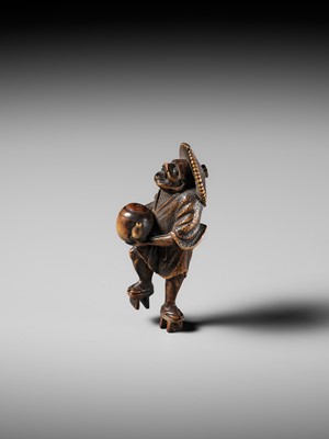 Lot 435 - A FINE WOOD NETSUKE OF THE OIL THIEF ABURA BOZO