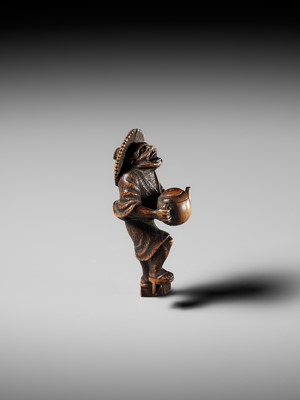 Lot 435 - A FINE WOOD NETSUKE OF THE OIL THIEF ABURA BOZO