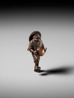 Lot 435 - A FINE WOOD NETSUKE OF THE OIL THIEF ABURA BOZO