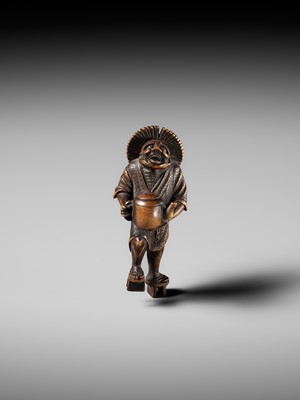 Lot 435 - A FINE WOOD NETSUKE OF THE OIL THIEF ABURA BOZO