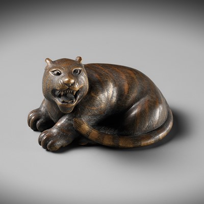 Lot 456 - MASANAO SHINZAN: A LARGE WOOD NETSUKE OF A TIGER