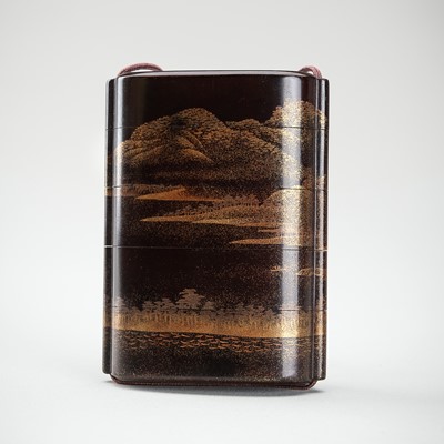 Lot 312 - TOSHIHIDE: A FINE LACQUER FOUR-CASE INRO DEPICTING A COASTAL TOWN