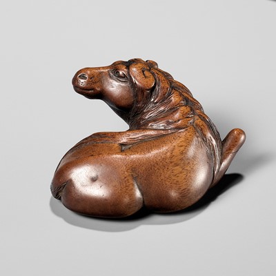 Lot 107 - YASUTADA: A RARE WOOD NETSUKE OF A RECUMBENT HORSE