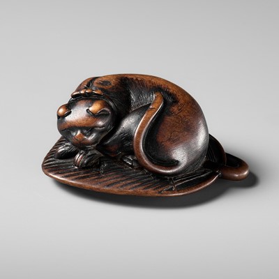 Lot 412 - A RARE WOOD NETSUKE OF A CAT SLEEPING ON AN UCHIWA FAN