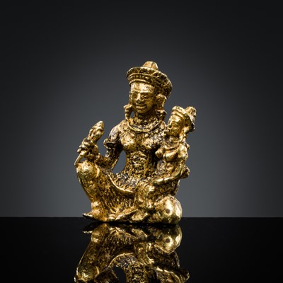 Lot 601 - A SMALL GOLD FIGURE OF UMAMAHESVARA, ANGKOR PERIOD