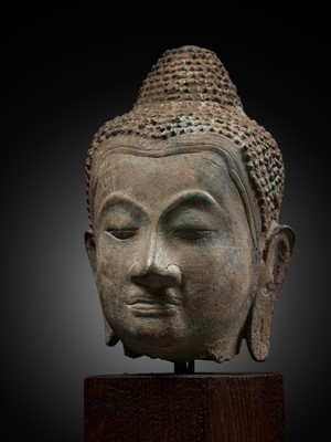 Lot 1010 - A U-THONG STYLE BRONZE HEAD OF BUDDHA, THAILAND, 15TH CENTURY