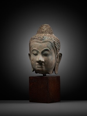 Lot 1010 - A U-THONG STYLE BRONZE HEAD OF BUDDHA, THAILAND, 15TH CENTURY