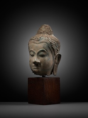 Lot 1010 - A U-THONG STYLE BRONZE HEAD OF BUDDHA, THAILAND, 15TH CENTURY