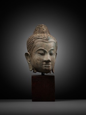 Lot 1010 - A U-THONG STYLE BRONZE HEAD OF BUDDHA, THAILAND, 15TH CENTURY