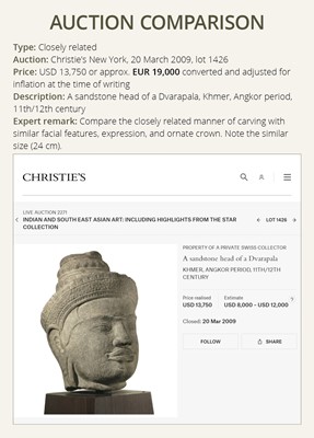 Lot 345 - A SANDSTONE HEAD OF VISHNU, ANGKOR PERIOD, 10TH-12TH CENTURY