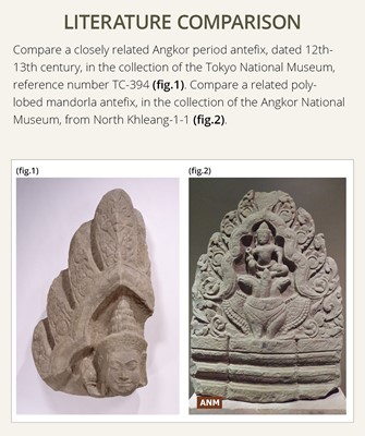 Lot 979 - A SANDSTONE ANTEFIX OF A MALE DEITY, ANGKOR