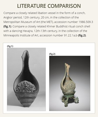 Lot 357 - A BRONZE RITUAL CONCH SHELL WITH A DANCING FIGURE OF HEVAJRA, ANGKOR PERIOD, BAYON STYLE