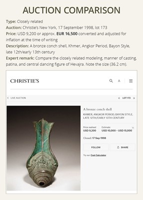 Lot 357 - A BRONZE RITUAL CONCH SHELL WITH A DANCING FIGURE OF HEVAJRA, ANGKOR PERIOD, BAYON STYLE