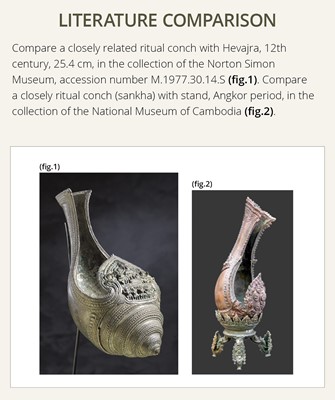 Lot 356 - A BRONZE RITUAL CONCH SHELL WITH A FIGURE OF HEVAJRA WITH YOGINIS, ANGKOR PERIOD, BAYON STYLE